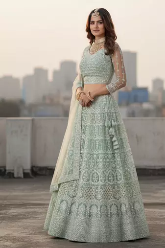 Women's Light Blue Net Embroidered Semi-Stiched Lehenga With Unstiched Choli And Net Dupatta