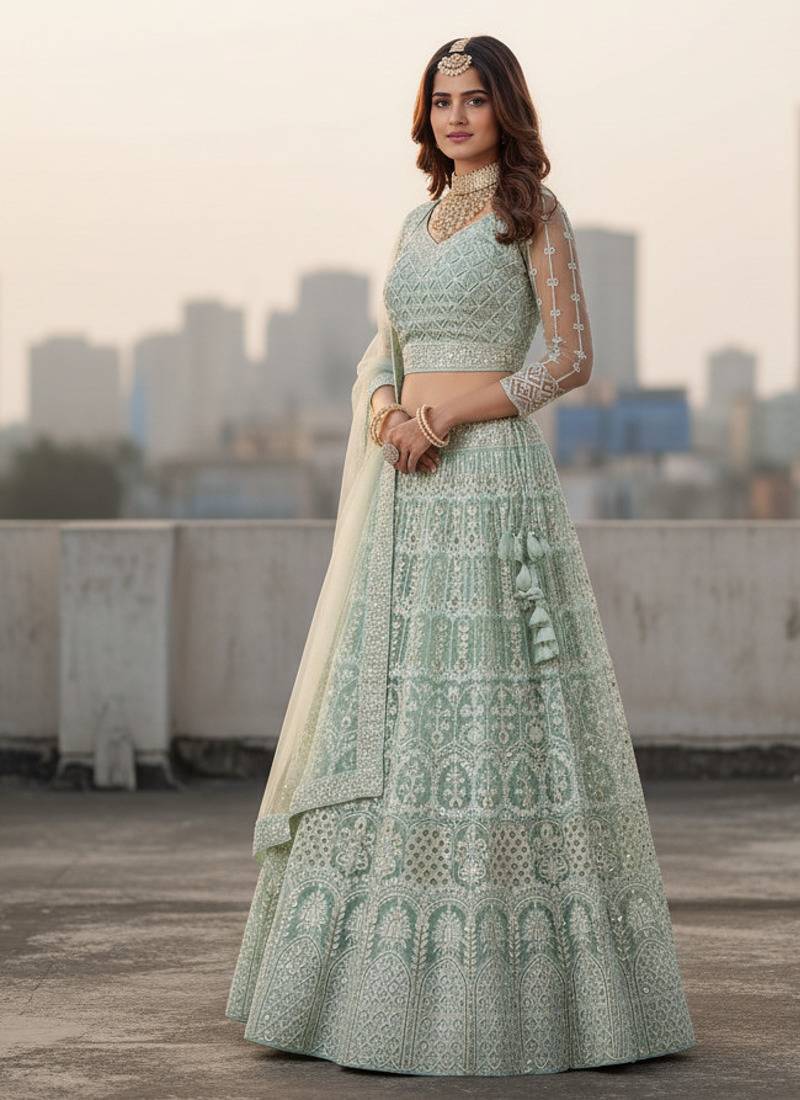 Women's Light Blue Net Embroidered Semi-Stiched Lehenga With Unstiched Choli And Net Dupatta