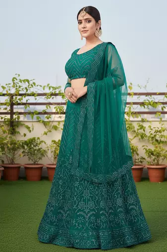Women's Green Net Embroidered Semi-Stiched Lehenga With Unstiched Choli And Net Dupatta