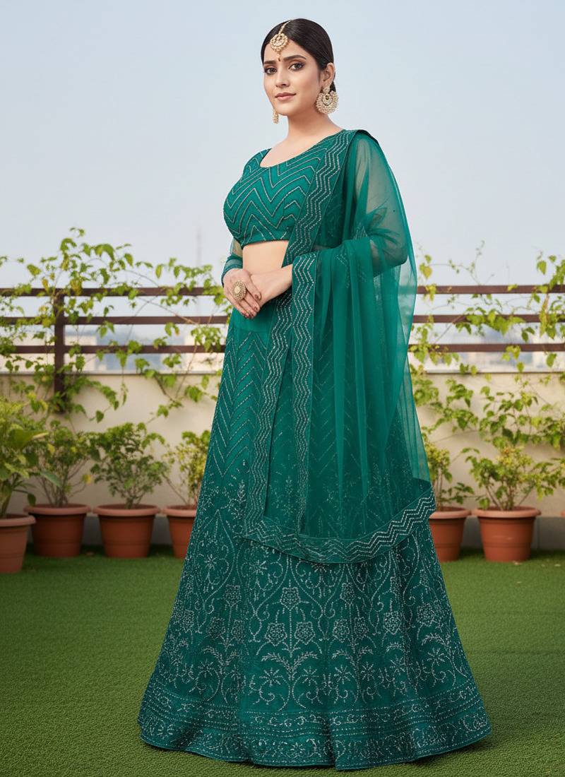 Women's Green Net Embroidered Semi-Stiched Lehenga With Unstiched Choli And Net Dupatta