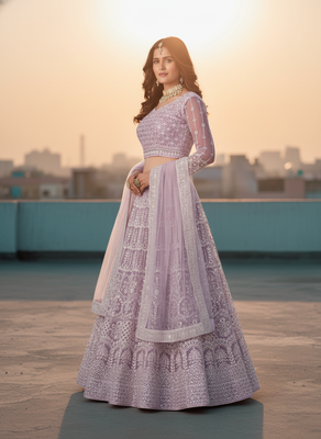 Women's Lavender Net Embroidered Semi-Stiched Lehenga With Unstiched Choli And Net Dupatta 3
