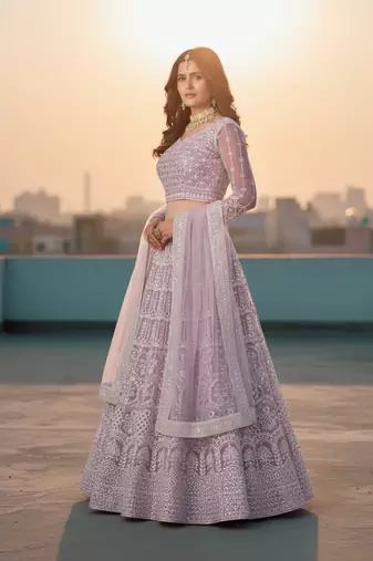 Women's Lavender Net Embroidered Semi-Stiched Lehenga With Unstiched Choli And Net Dupatta