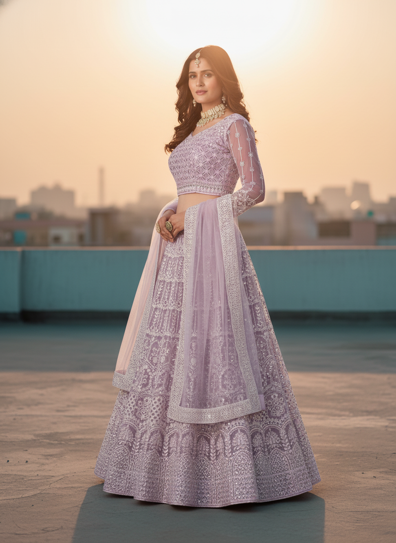 Women's Lavender Net Embroidered Semi-Stiched Lehenga With Unstiched Choli And Net Dupatta
