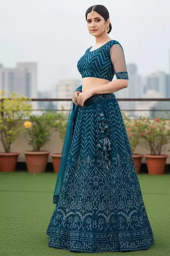Women's Teal Net Embroidered Semi-Stiched Lehenga With Unstiched Choli And Net Dupatta