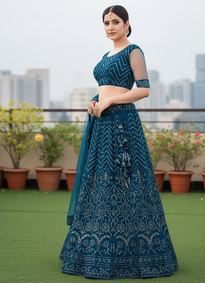 Women's Teal Net Embroidered Semi-Stiched Lehenga With Unstiched Choli And Net Dupatta