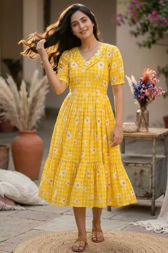 Yellow color muslin printed stylish kurti