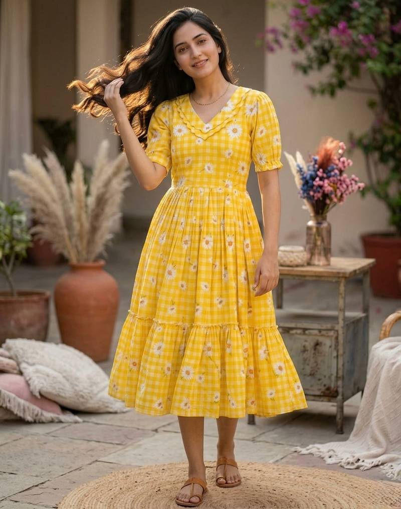 Yellow color muslin printed stylish kurti