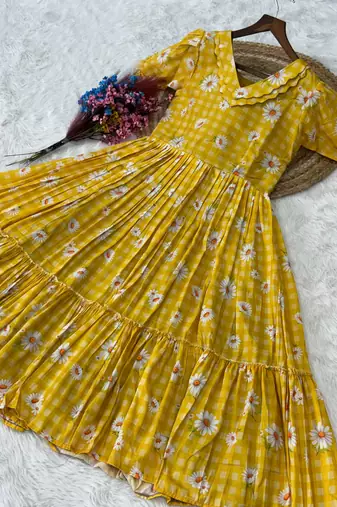 Yellow color muslin printed stylish kurti