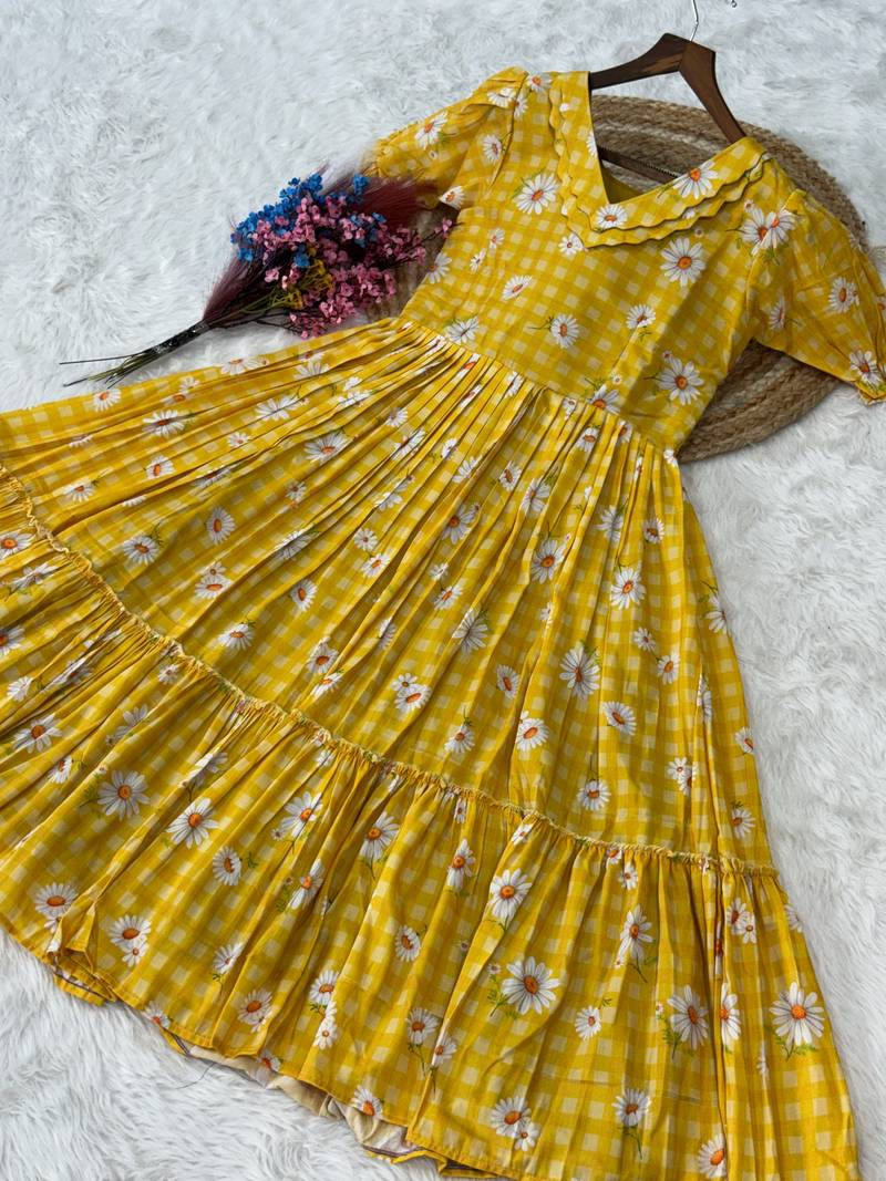 Yellow color muslin printed stylish kurti