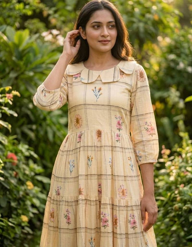 Cream color muslin printed stylish kurti