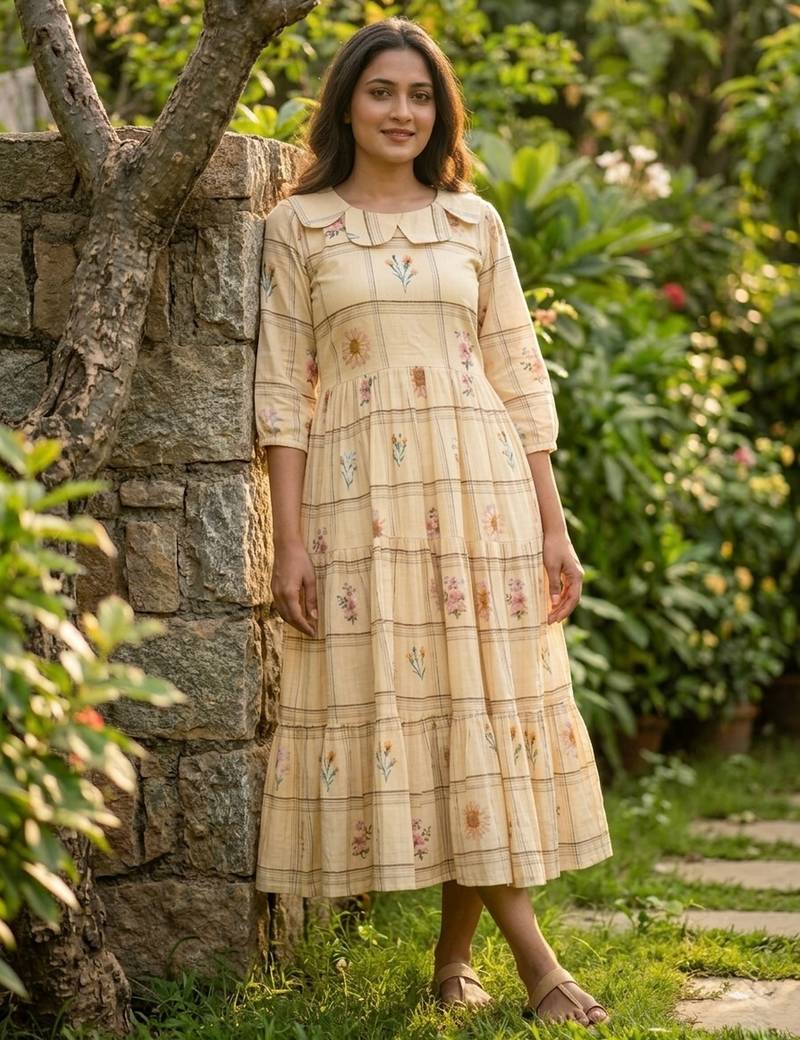 Cream color muslin printed stylish kurti