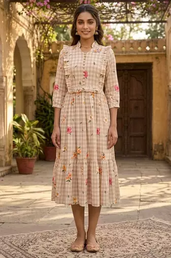 Beige color muslin printed stylish kurti