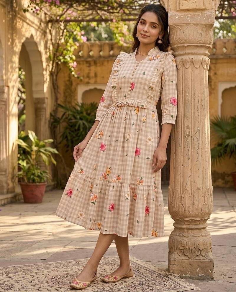 Beige color muslin printed stylish kurti