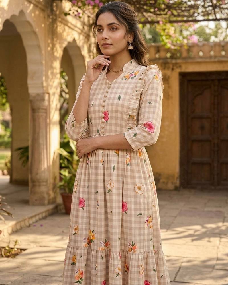 Beige color muslin printed stylish kurti