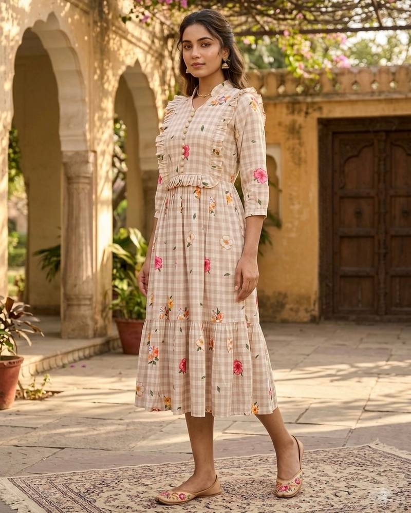 Beige color muslin printed stylish kurti