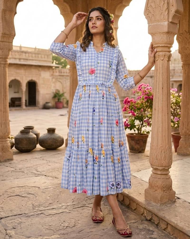 Sky blue color muslin printed stylish kurti