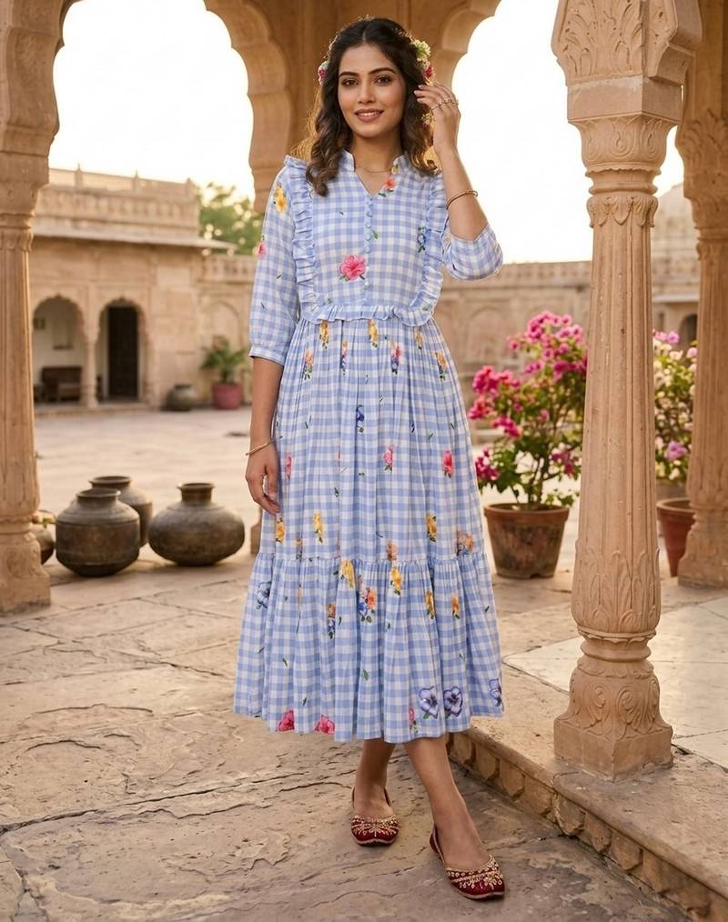 Sky blue color muslin printed stylish kurti