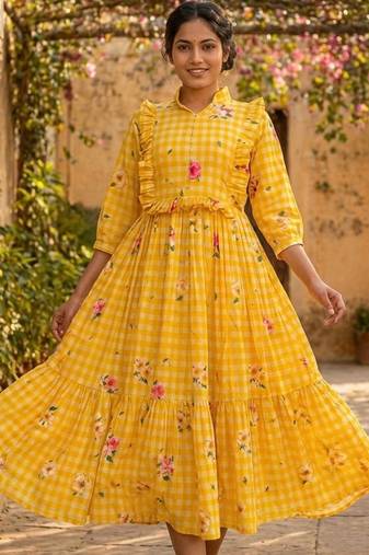 Yellow color muslin printed stylish kurti
