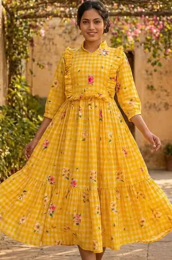 Yellow color muslin printed stylish kurti