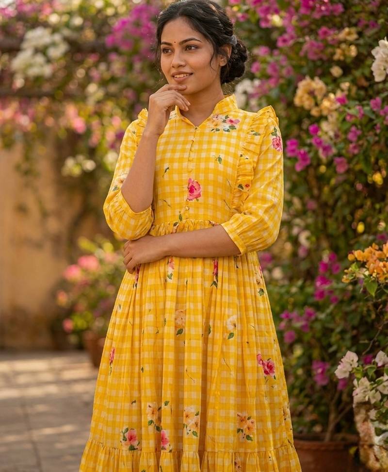 Yellow color muslin printed stylish kurti