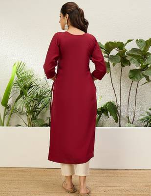Cherry color silk blend embroidery long kurta 2