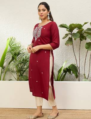 Cherry color silk blend embroidery long kurta 4