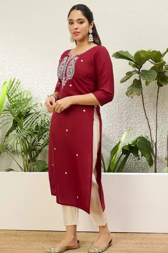 Cherry color silk blend embroidery long kurta