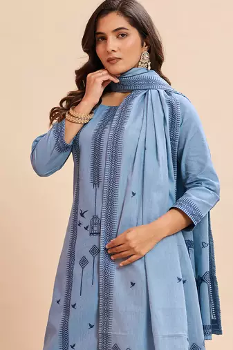 Sky blue color cotton stylish partywear readymade kurta set with dupatta