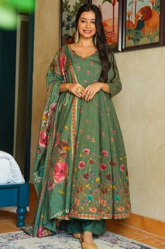 Pista color muslin stylish partywear readymade kurta set with dupatta