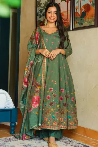 Pista color muslin stylish partywear readymade kurta set with dupatta