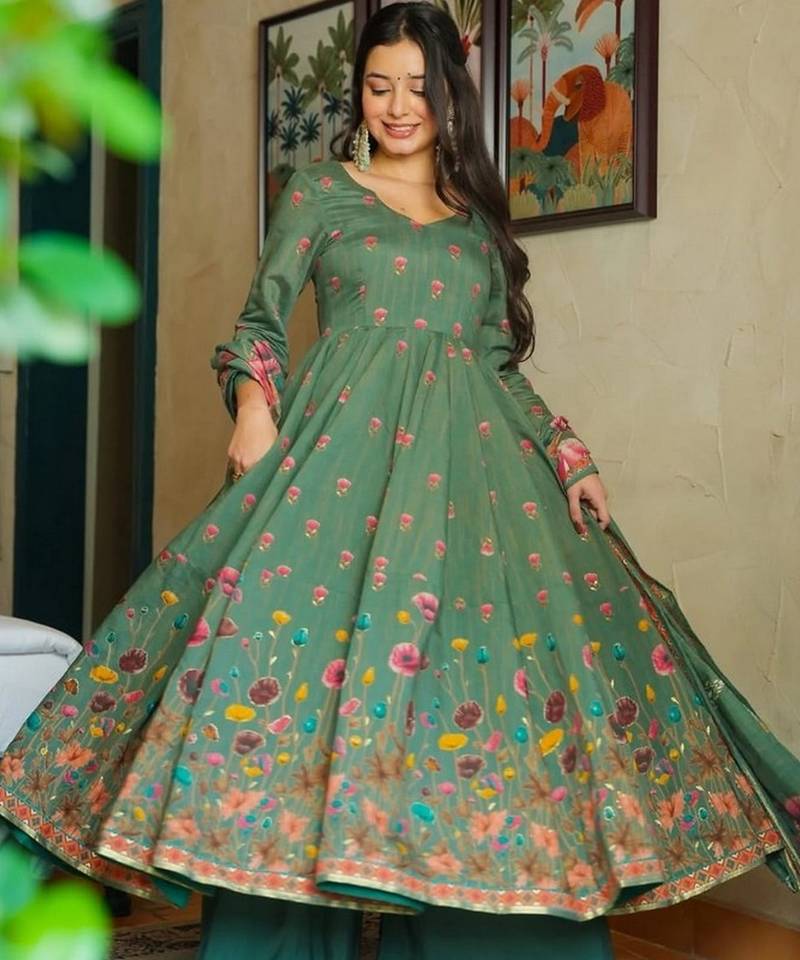 Pista color muslin stylish partywear readymade kurta set with dupatta