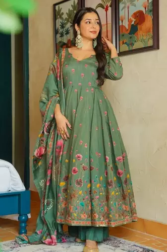 Pista color muslin stylish partywear readymade kurta set with dupatta