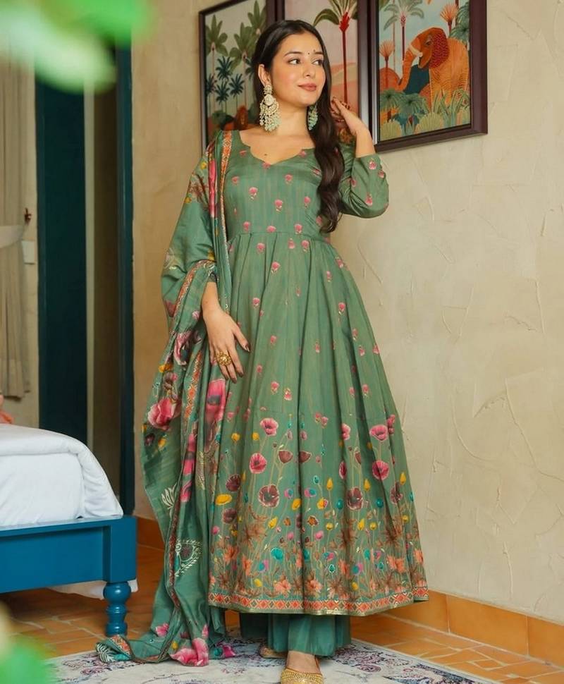 Pista color muslin stylish partywear readymade kurta set with dupatta