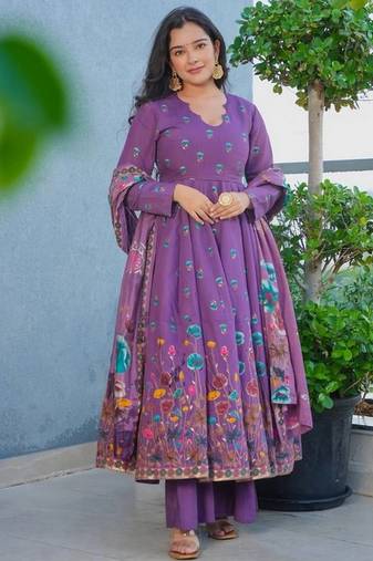 Lavender color muslin stylish partywear readymade kurta set with dupatta