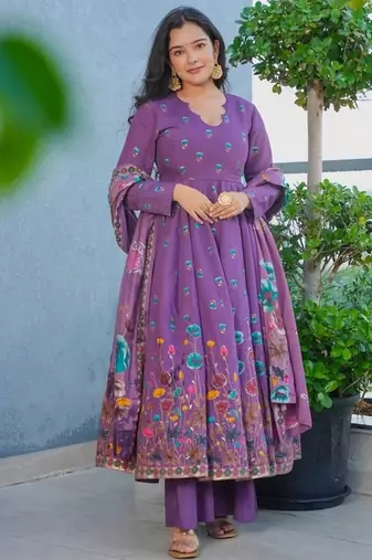 Lavender color muslin stylish partywear readymade kurta set with dupatta