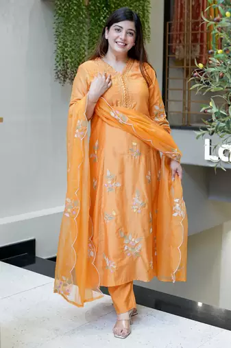 Orange color muslin stylish partywear readymade kurta set with dupatta