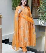 Orange color muslin stylish partywear readymade kurta set with dupatta