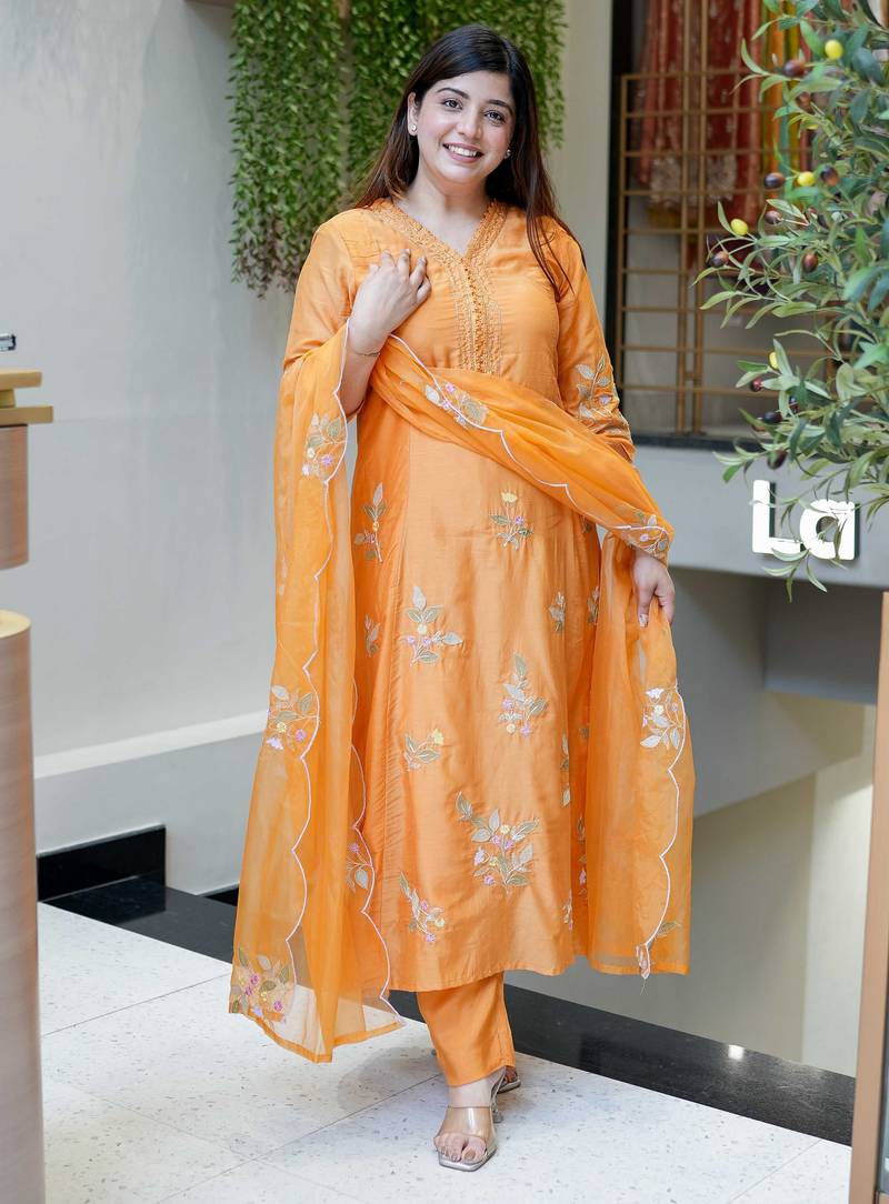 Orange color muslin stylish partywear readymade kurta set with dupatta