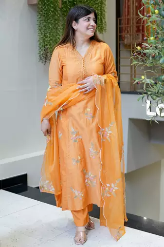 Orange color muslin stylish partywear readymade kurta set with dupatta