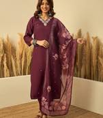 Wine color stylish roman silk embroidered graceful partywear dress