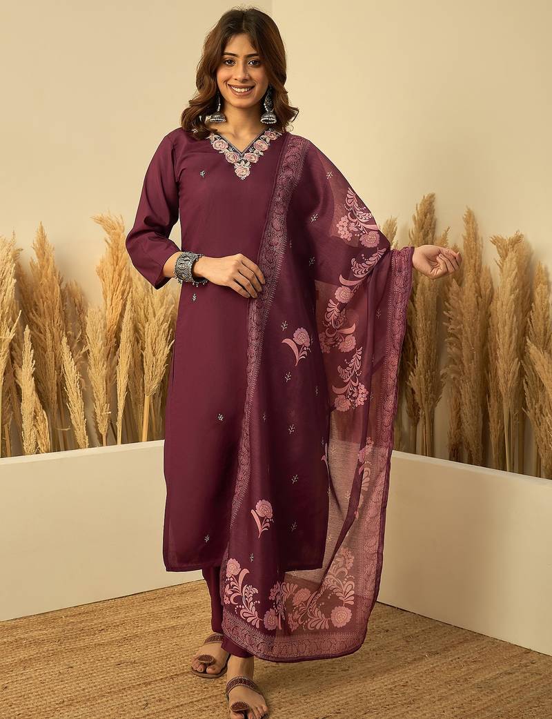 Wine color stylish roman silk embroidered graceful partywear dress