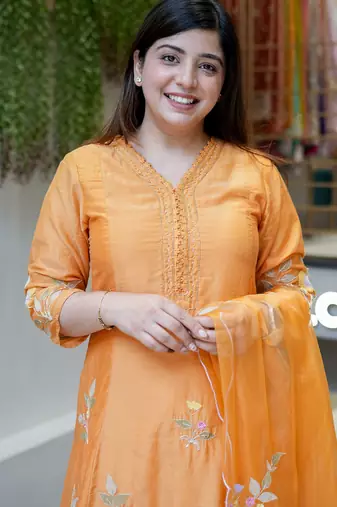 Orange color muslin stylish partywear readymade kurta set with dupatta