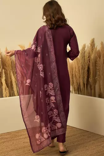 Wine color stylish roman silk embroidered graceful partywear dress
