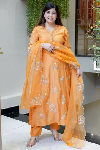 Orange color muslin stylish partywear readymade kurta set with dupatta