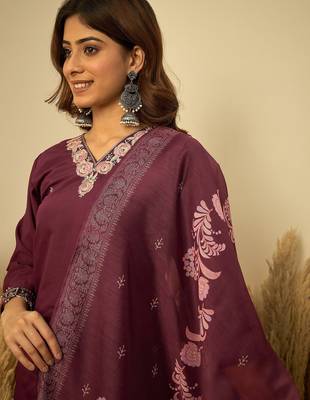Wine color stylish roman silk embroidered graceful partywear dress 3