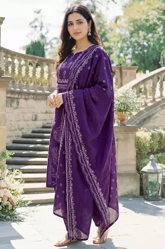 Voilet color muslin stylish partywear readymade kurta set with dupatta