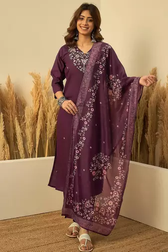 Purple color stylish roman silk embroidered graceful partywear dress