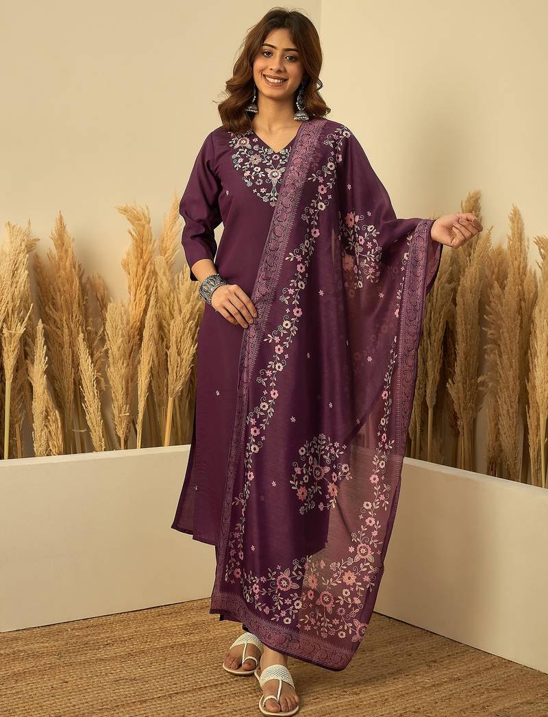 Purple color stylish roman silk embroidered graceful partywear dress