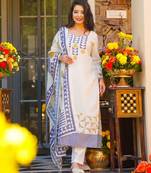 Off white color muslin stylish partywear readymade kurta set with dupatta