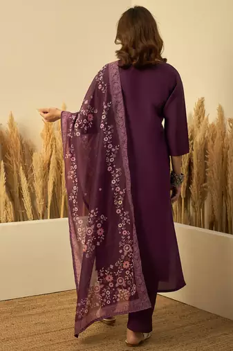 Purple color stylish roman silk embroidered graceful partywear dress